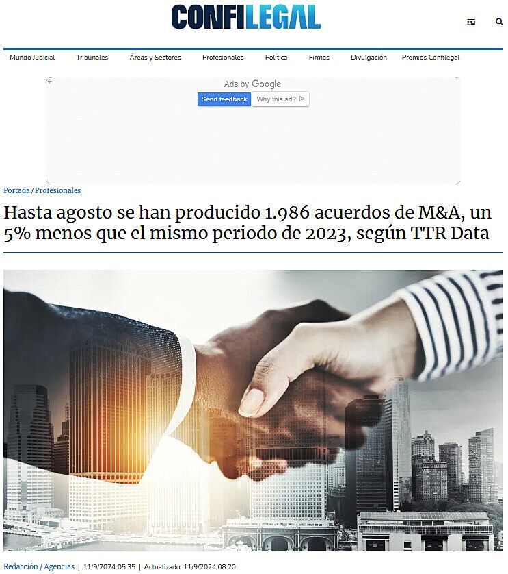 Hasta agosto se han producido 1.986 acuerdos de M&A, un 5% menos que el mismo periodo de 2023, segn TTR Data